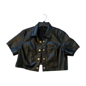 Snap Button Faux Leather Cropped Shirt